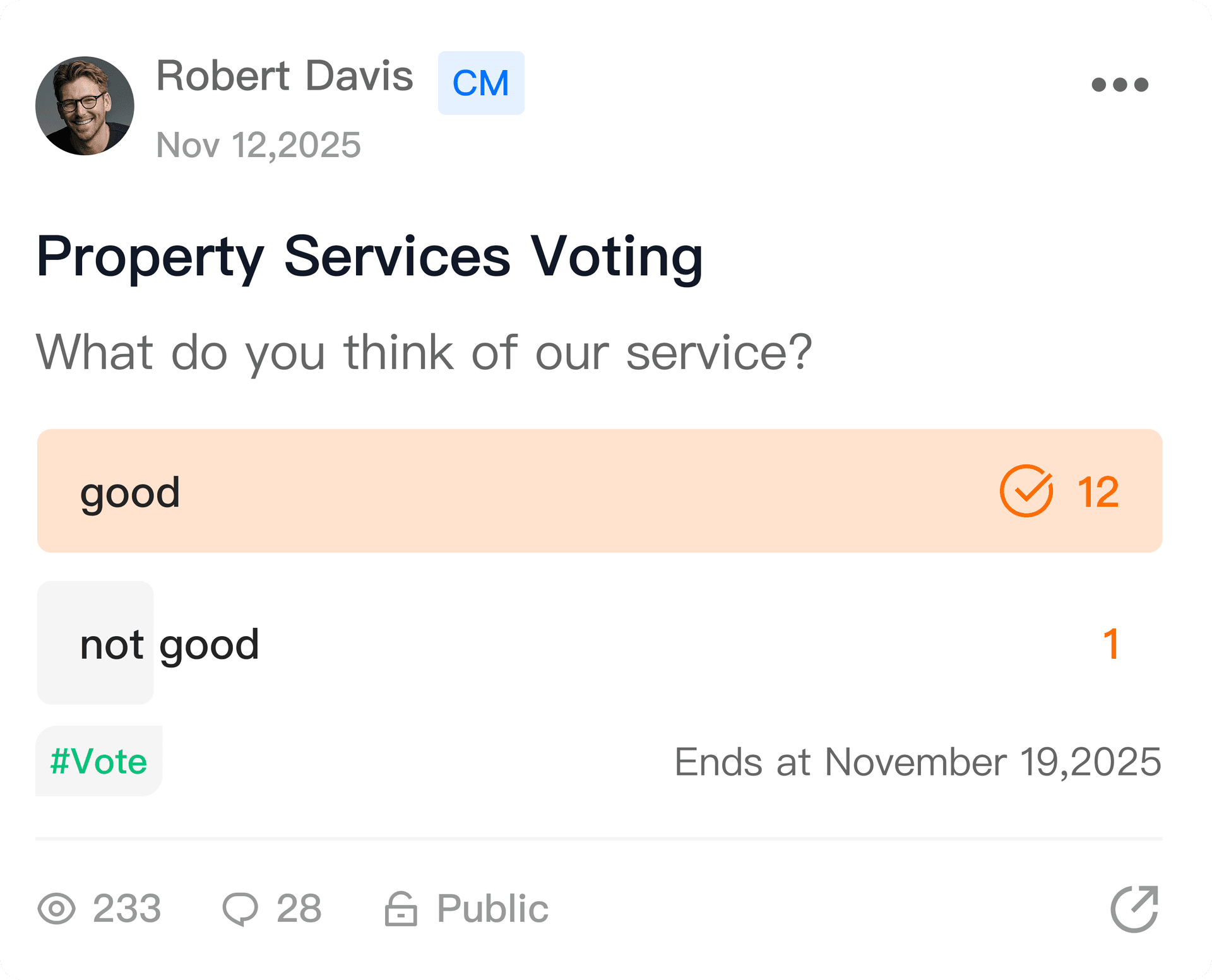Community voting post with live vote counts