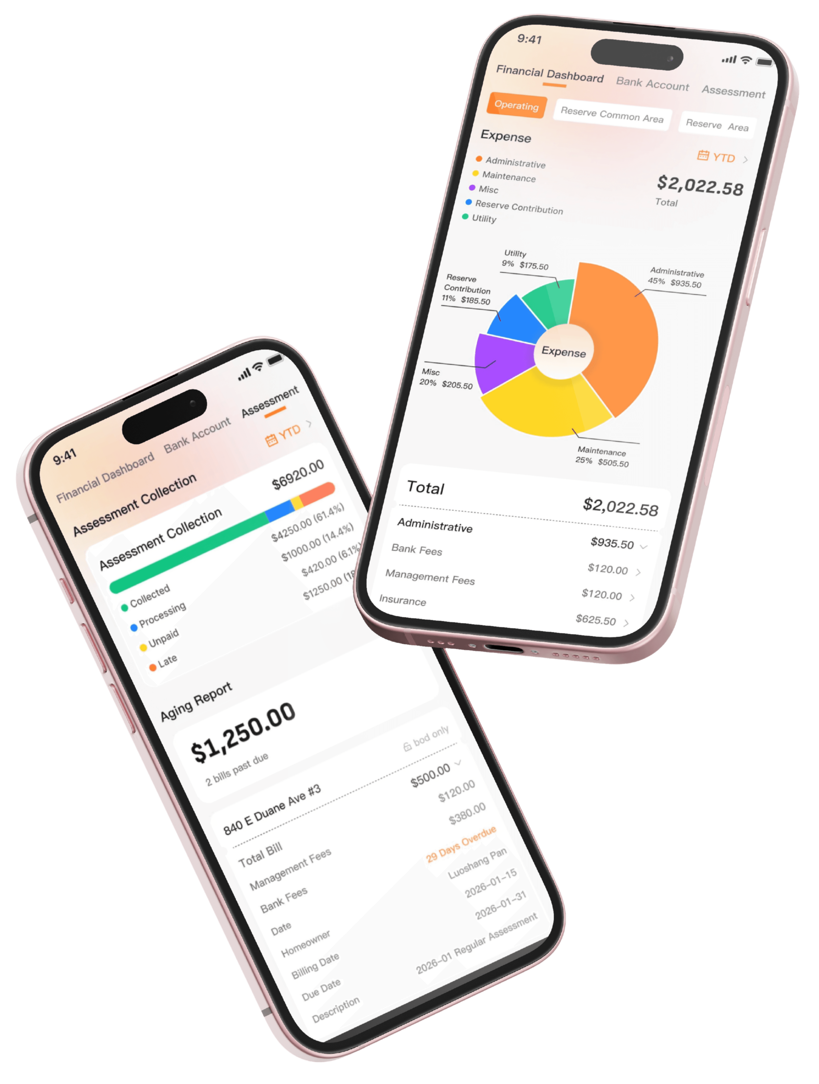Two iPhones showing Financial Dashboard and Assessment Collection